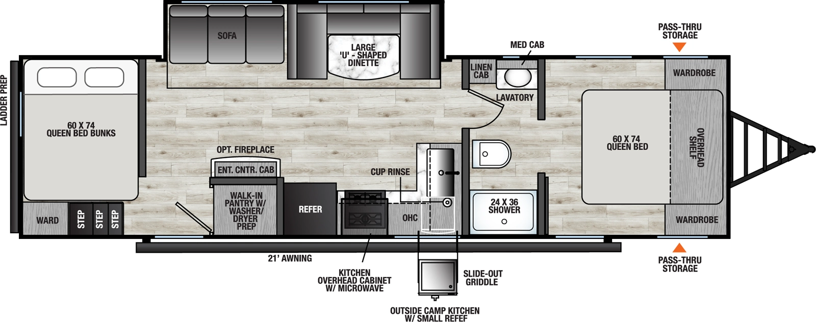 The Viking Travel Trailers 282TQS floorplan has one entry and one slide out. Exterior features include: metal exterior, 21' awning and outside kitchen. Interiors features include: u-dinette, front bedroom, rear bedroom, two bedrooms and pass through bathroom.